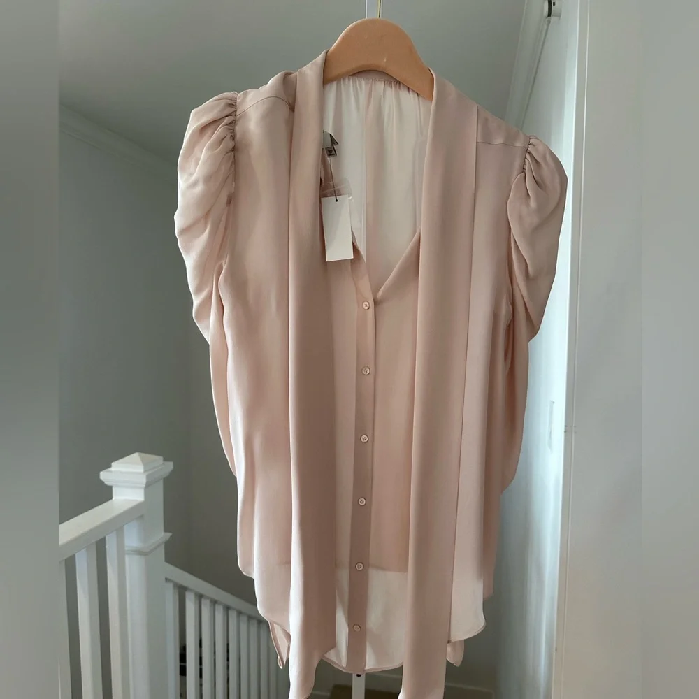 NEW Joie Tie Bow Long Puffed Sleeve Silk Blouse Medium $278 Retail - Picture 9 of 11